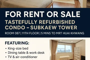 Condo for rent in Subkaew Tower, Huai Khwang, Bangkok near MRT Huai Khwang